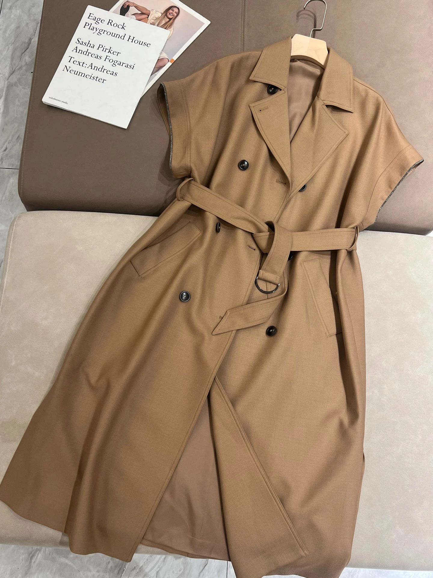 Casual Australian wool medium length short sleeved double breasted trench coat