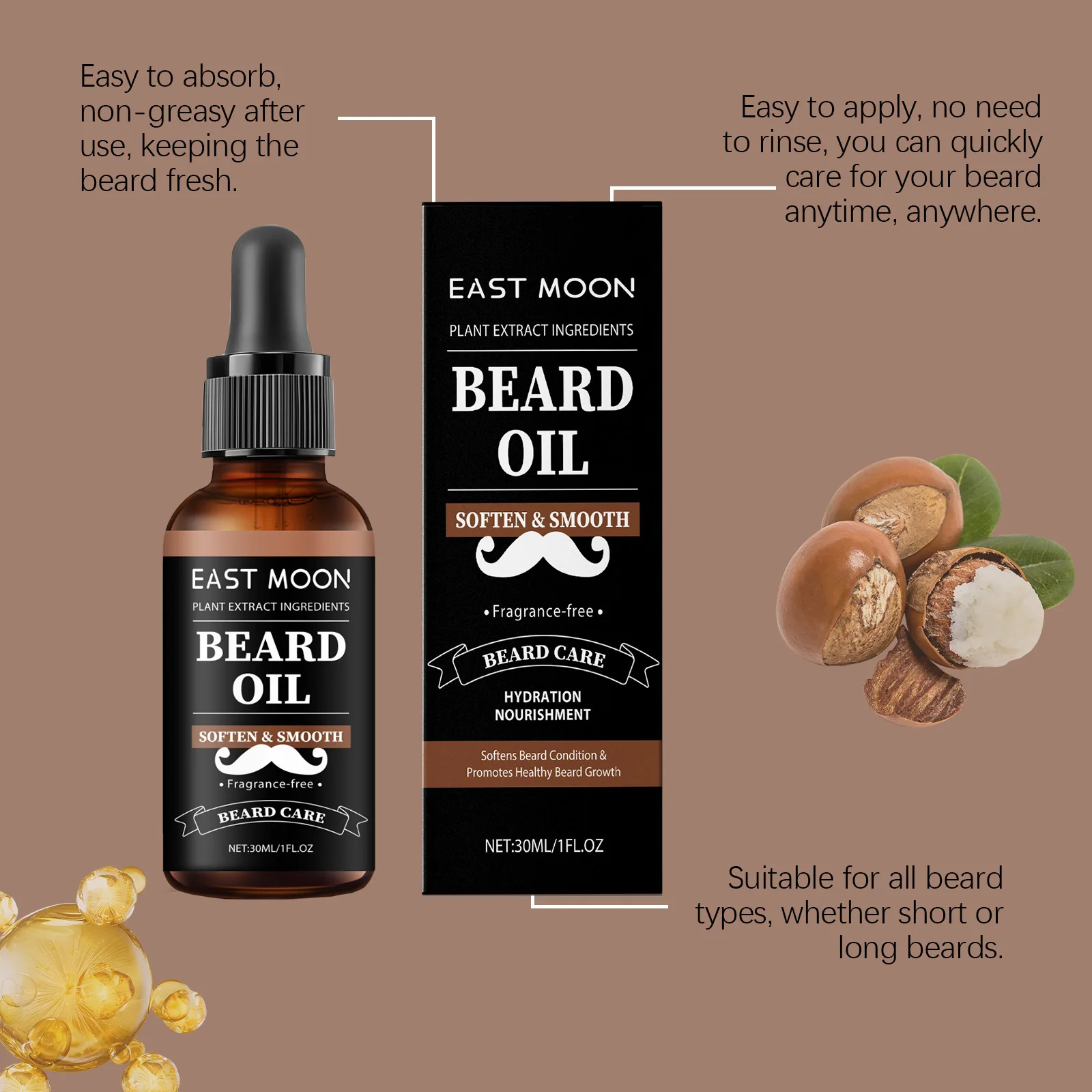 East Moon Men Beard Essential Oil Increase Moisturize Soft Smooth Nourish Thicken For Grooming Hair Facial Care Beard Growth Oil