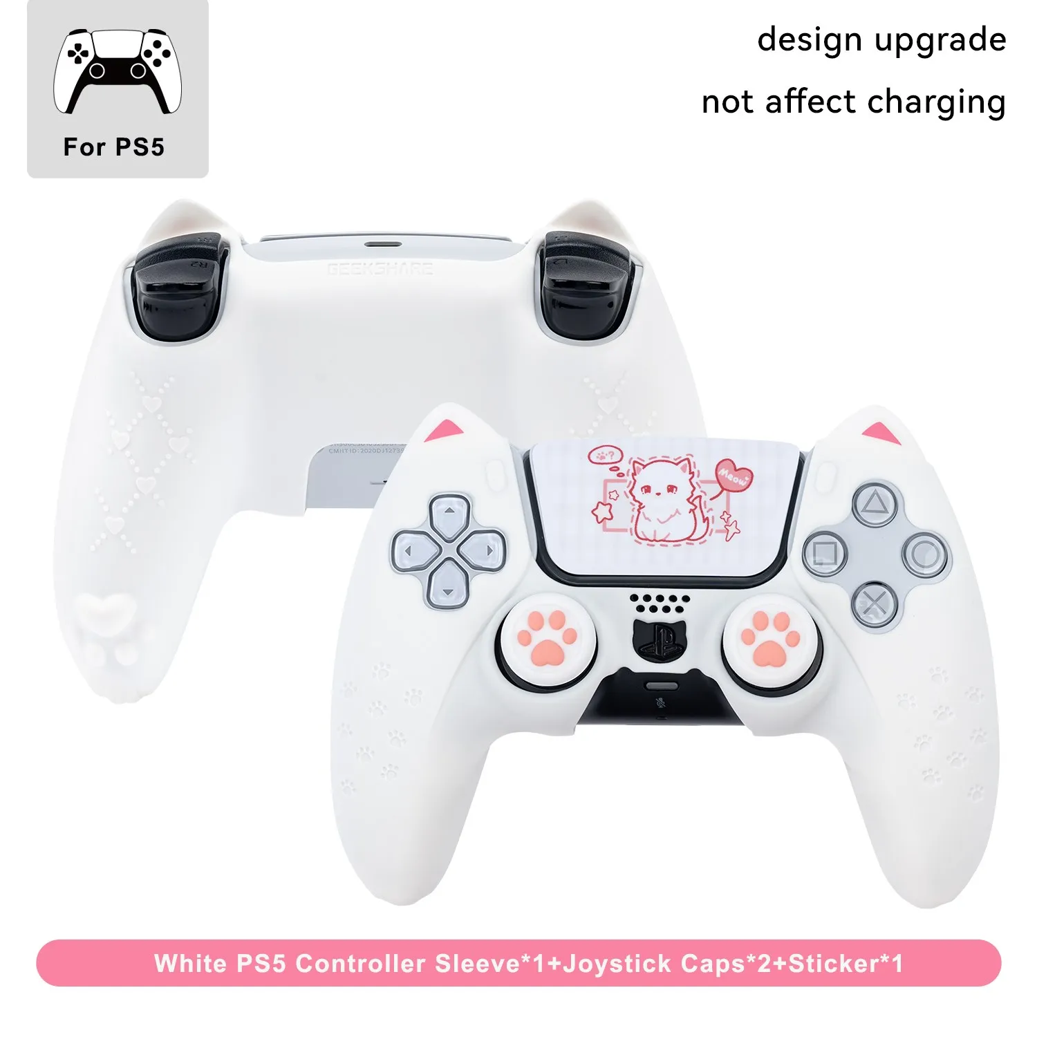 GeekShare PS5 컨트롤러용 보호 슬리브, 고양이 발 미끄럼 방지 실리콘 케이스 커버, 조이스틱 캡, 충전 베이스에 적합