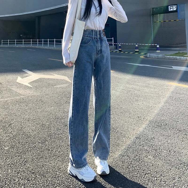 

High Waist Wide Leg Jeans Women's Spring Autumn Loose Straight Floor-Length Trousers Comfortable Casual Classic Blue Denim
