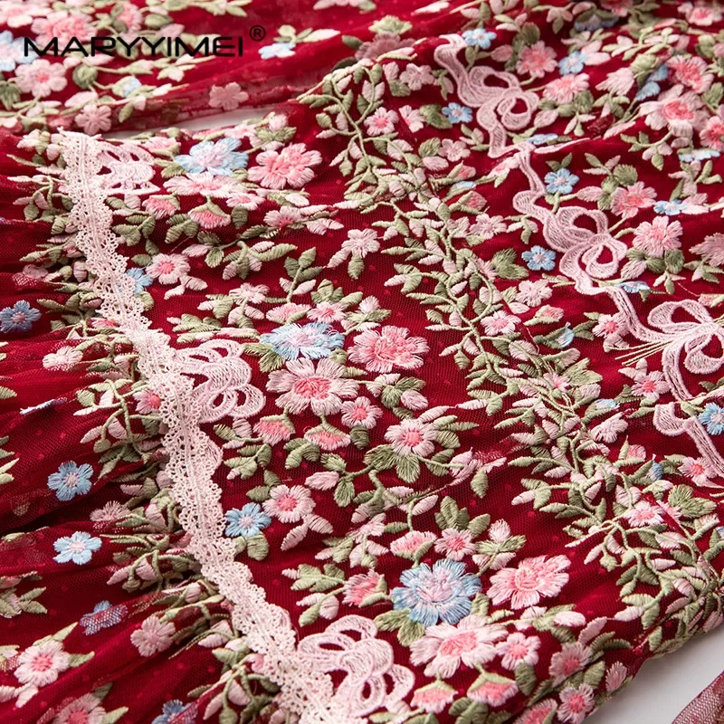 MARYYIMEI ヴィンテージファッションデザイナードレス女性のメッシュ刺繍半透明ランタンスリーブスリムレッドミディドレス 2023 最新