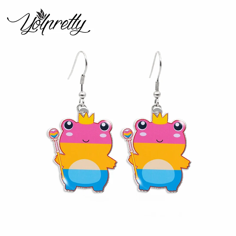 2023 New Arrival Cute Lesbian Rainbow Frog with Flag Pride Proud Handcraft Acrylic Epoxy Fish Hook Dangles Earrings