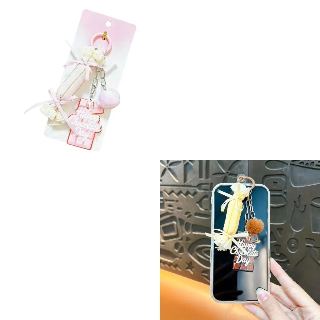 91AF Backpack Hanging Charm Keychain with Fabric Candy Ribbon Lace Detail, Acrylic Plaque and Plush Accent for Daily Carry