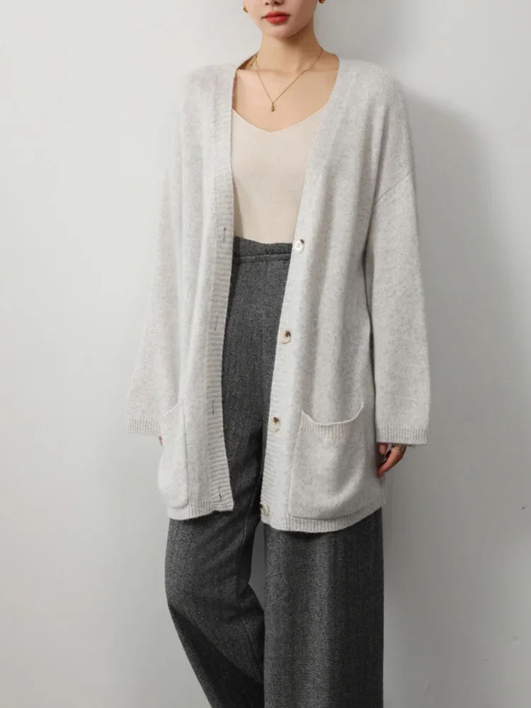 Wool Cashmere Long Cardigan Women 35% Cashmere Knitted Tops Robe Loose Shirt Sweaters Solid Autumn Winter Light Blue Lavender