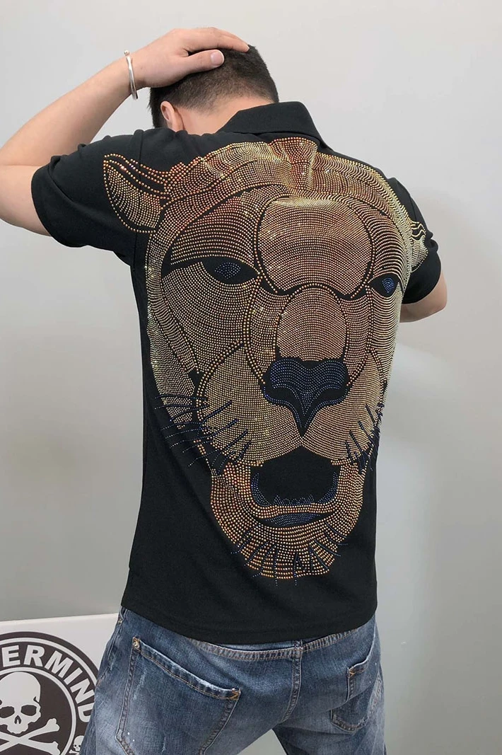 Fashionable Heavy Embroidery Hot Drilling Leopard T-shirts Men\'s Fashion Embroidered Lapel Trendy Male Slim Polo Shirts