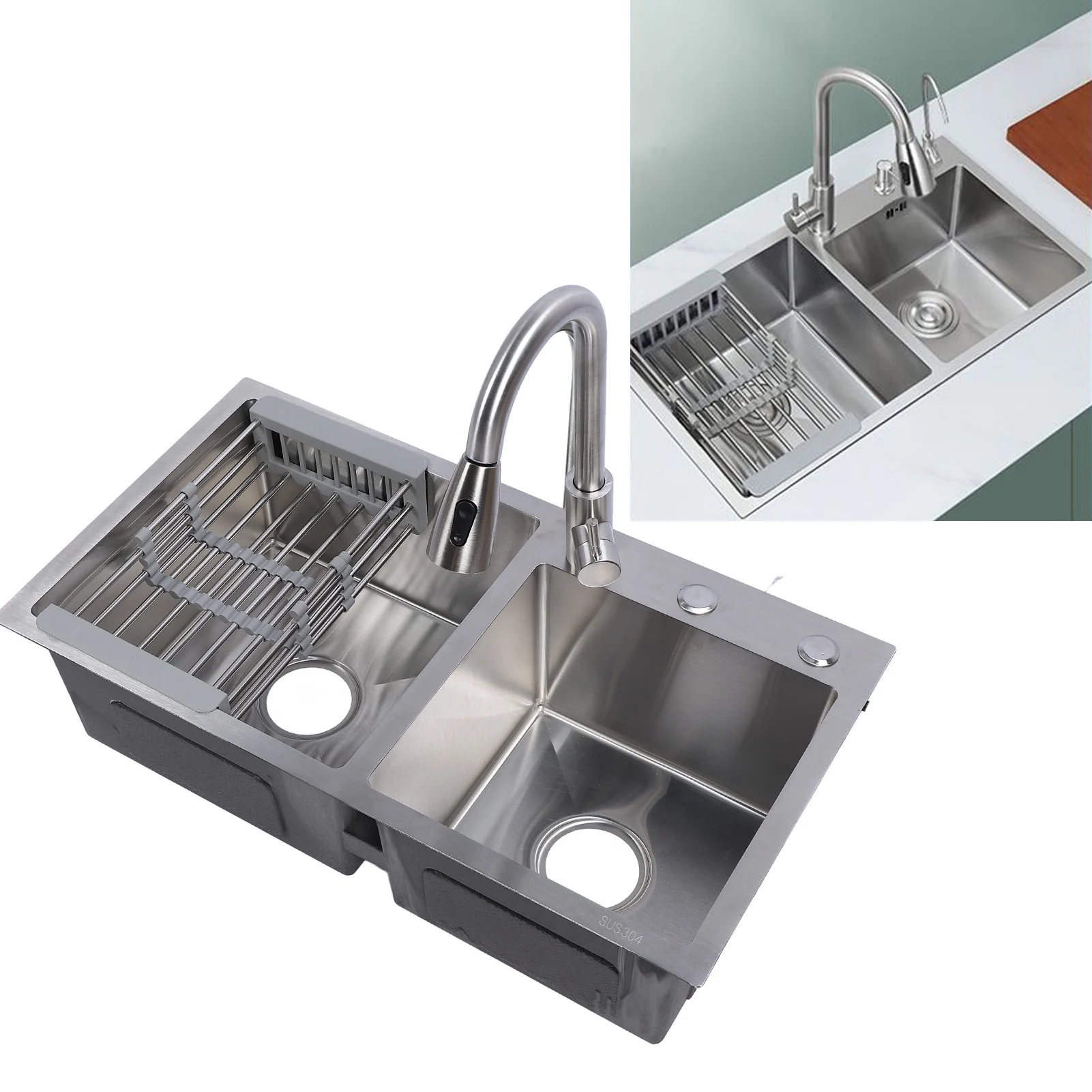 

Drop in Kitchen Sink Kit 304 Stainless Steel Pull Out Faucet 3 Hole Double Bowl Sink with Drain Basket Soap Dispenser