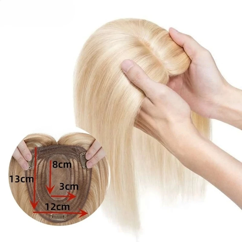 Vrouwen Topper 100% Menselijk Haar Pruiken Voor Dames 12X13Cm Clip In Topper Blonde Steil Haar Toppers Ademende Zijden Basis Haarstukken