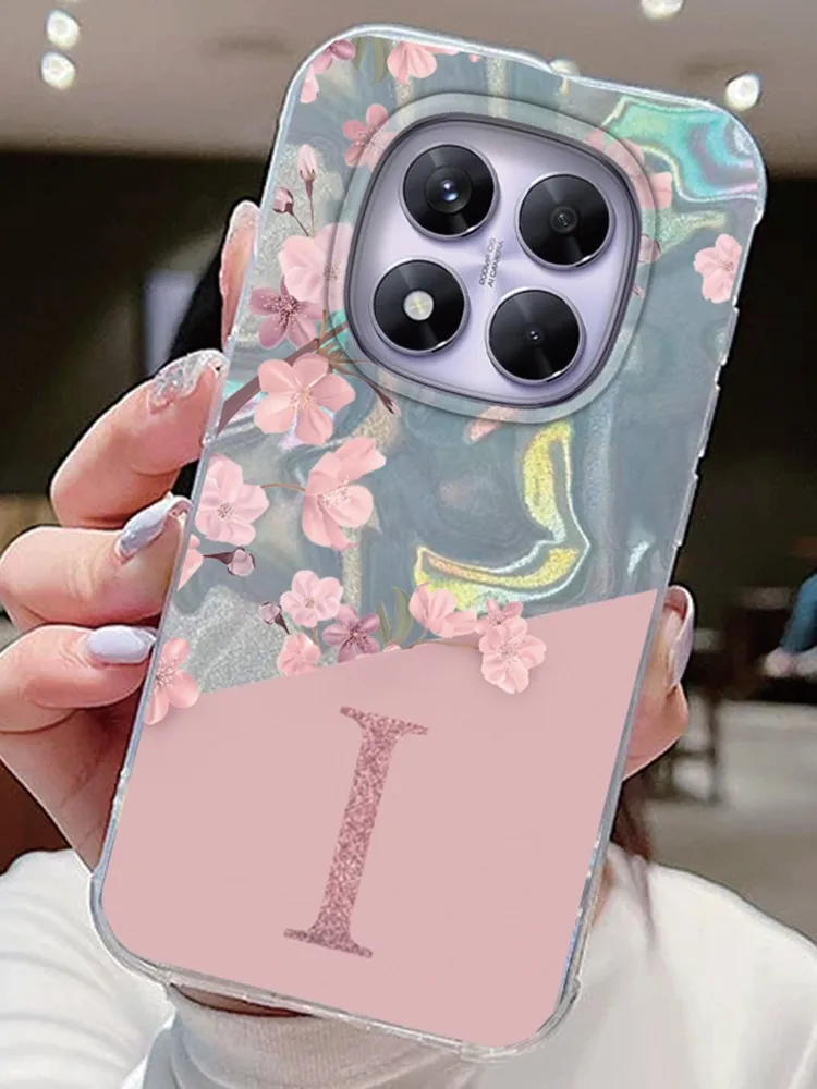Coque arrière en Silicone avec lettres initiales A Z, pour Xiaomi Redmi 13T 14T Note 13 14 Pro Plus 5G Poco X6, fleurs roses