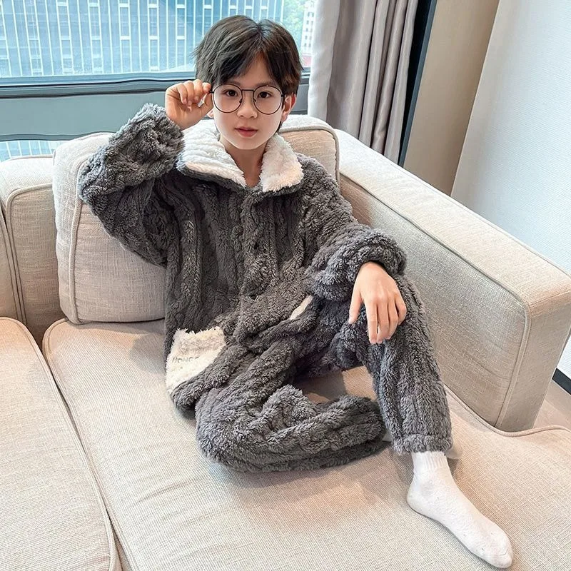 

2025 New Boys' Coral Fleece Pajama Sets Thermal Winter Sleepwear for Teens Kids Hot Sale Warm Cozy Home Wear