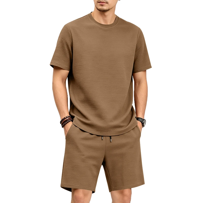 

Summer Men's Suit Heavy Texture Knit Crew Neck Two-Piece Set | Casual Short Sleeve T-Shirt and Shorts Set (Multiple Colors)