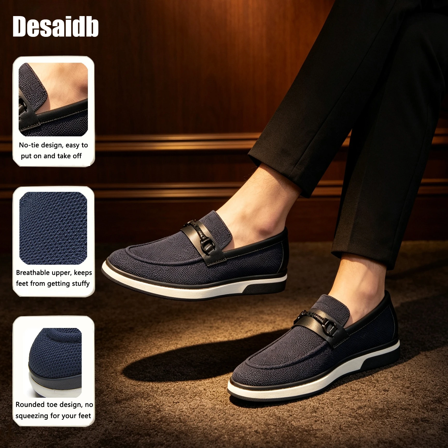 Desaidb Men's Soft Sole Slip-on Business Loafers, Metal Buckle Mesh Breathable Casual Shoes, Wear-resistant Low-top Sneakers