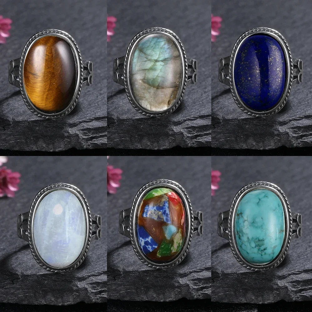Bague vintage en argent avec grande pierre naturelle 11x17MM (labradorite, œil de tigre) pour hommes et femmes, bijoux de luxe pour fêtes et mariages, vente en gros