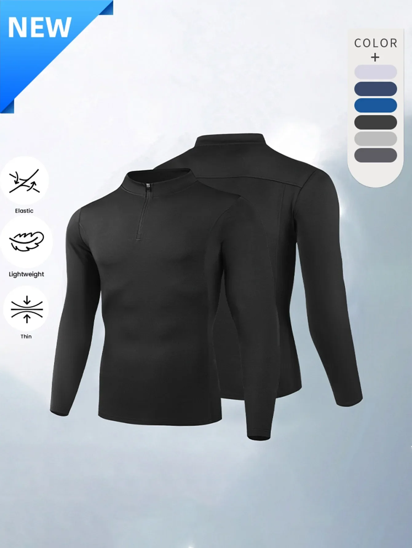 

Autumn and winter warm stand-up collar half-zipper sports tight top for men, elastic running and basketball training T-shirt