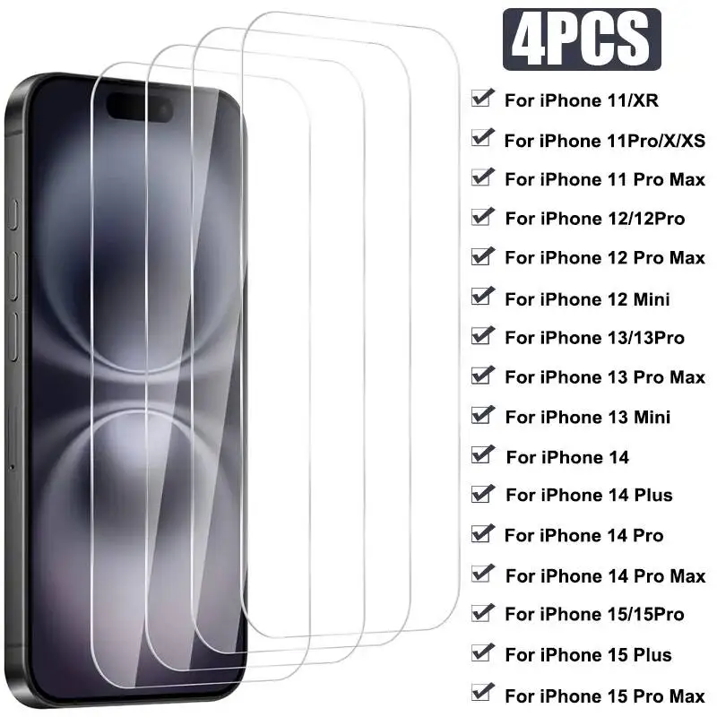 

4PCS Full Cover Tempered 15 14 13 12 11 Pro Plus 13Mini Screen Protector For Iphone Xr X Xs Max Glass