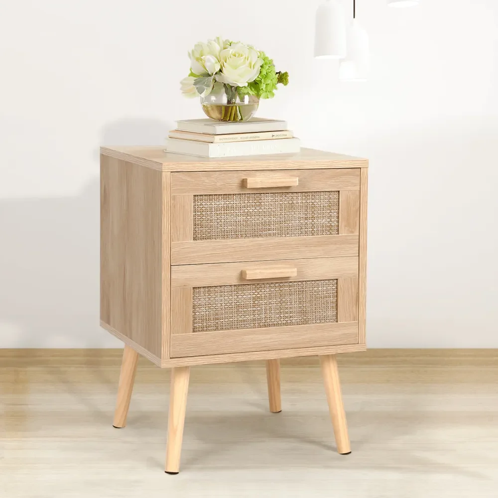 

Rattan Nightstand, End Table With 2 Drawers And Solid Wood Legs, Side Table With Storage For Bedroom, Easy Assembly Night Stand