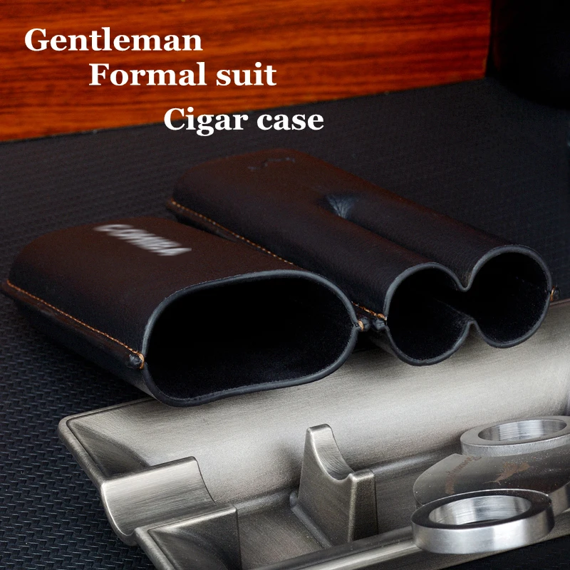 Black Cigar Case Leather Cigar Holder Black Travel Humdor Fit 2 Tubes 50R Tobacco Box Exellent Smoking Accessory for Men