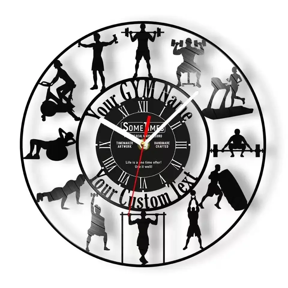 GYM Fitness Exercise Vinyl Record Wall Clock Custom Fitness Athlete Name Gym Logo Decoration Wall Watch Fitness Art Silent Clock