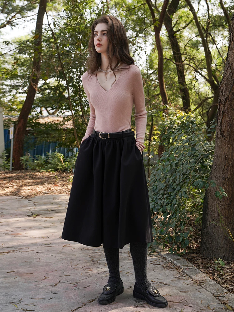 

Miorastudio Retro Black A-Line Midi Skirt Slimming Elegant High Waist Polyester Cotton Blend Spring Commute Style Umbrella Skirt