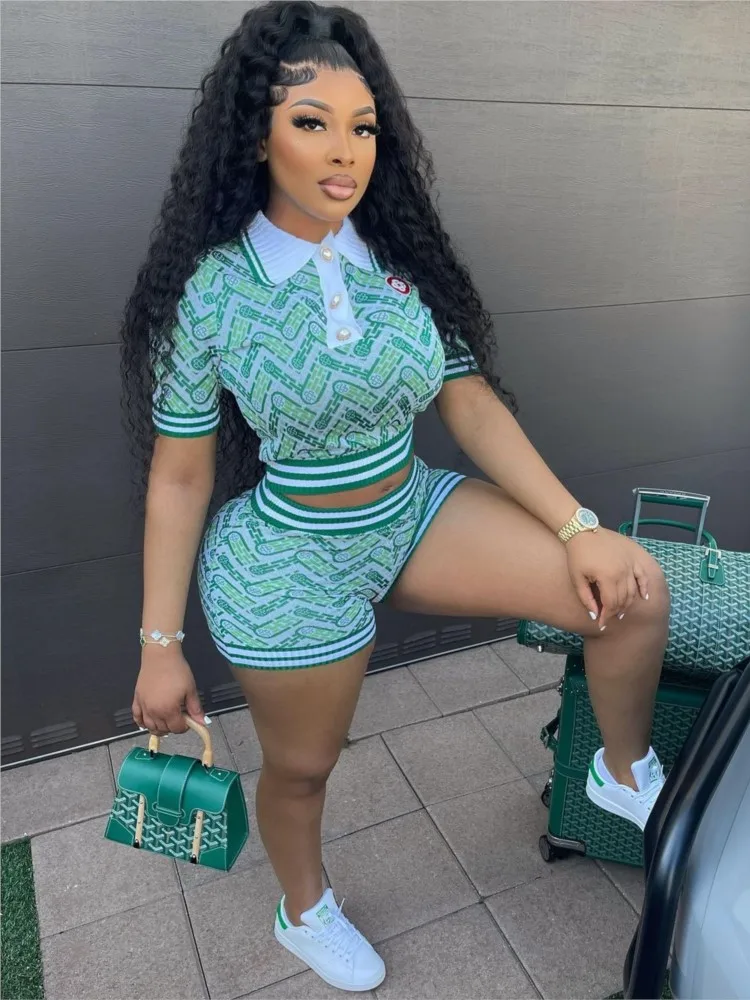 2 Pieces Set Sexy Dashiki African Fashion Women Set 2024 Female Tops Green Short Sleeve T-shirt And Elastic Waist Shorts Suit