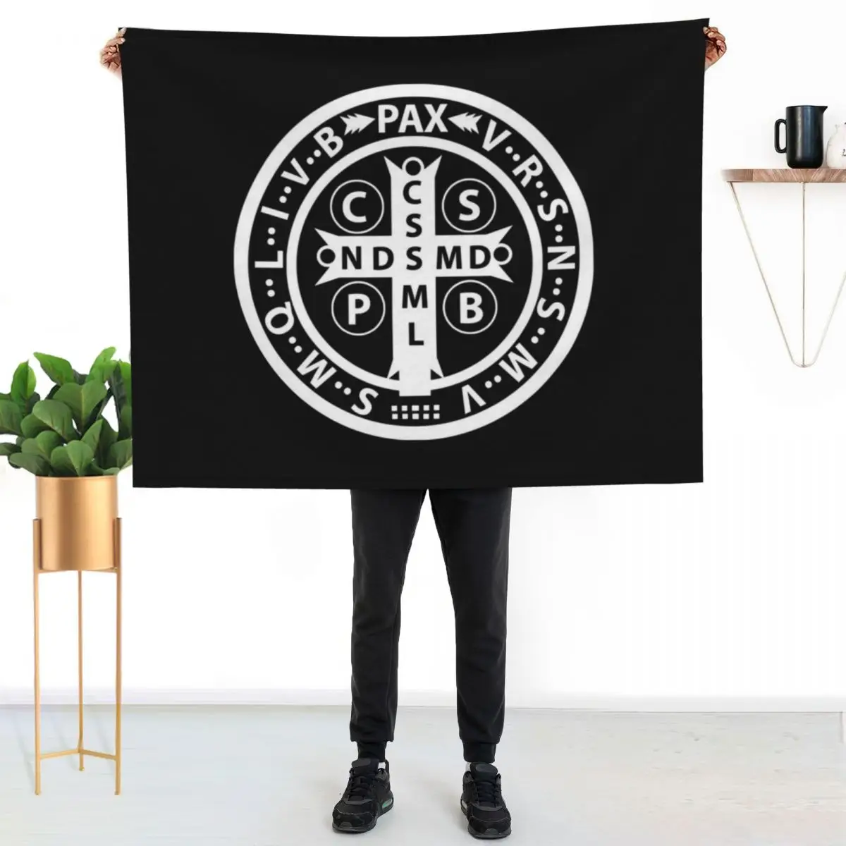 St. Benedict Medal Catholic Icon Throw Blanket Loose For Decorative Sofa Decoratives Flannel Blankets For Baby Blankets