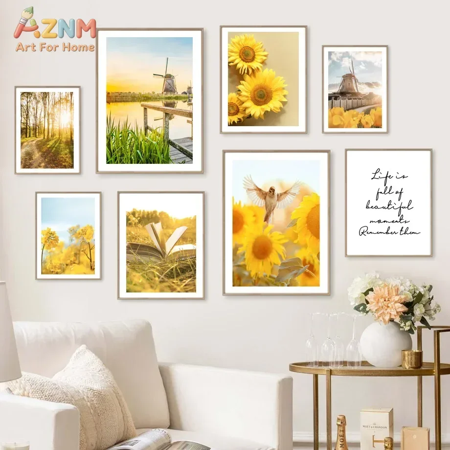 AZNM Yellow Tone Nature Canvas Wall Art Print, Sunflower Windmill Forest and Inspirational Quote Poster for Living Room Home Dec