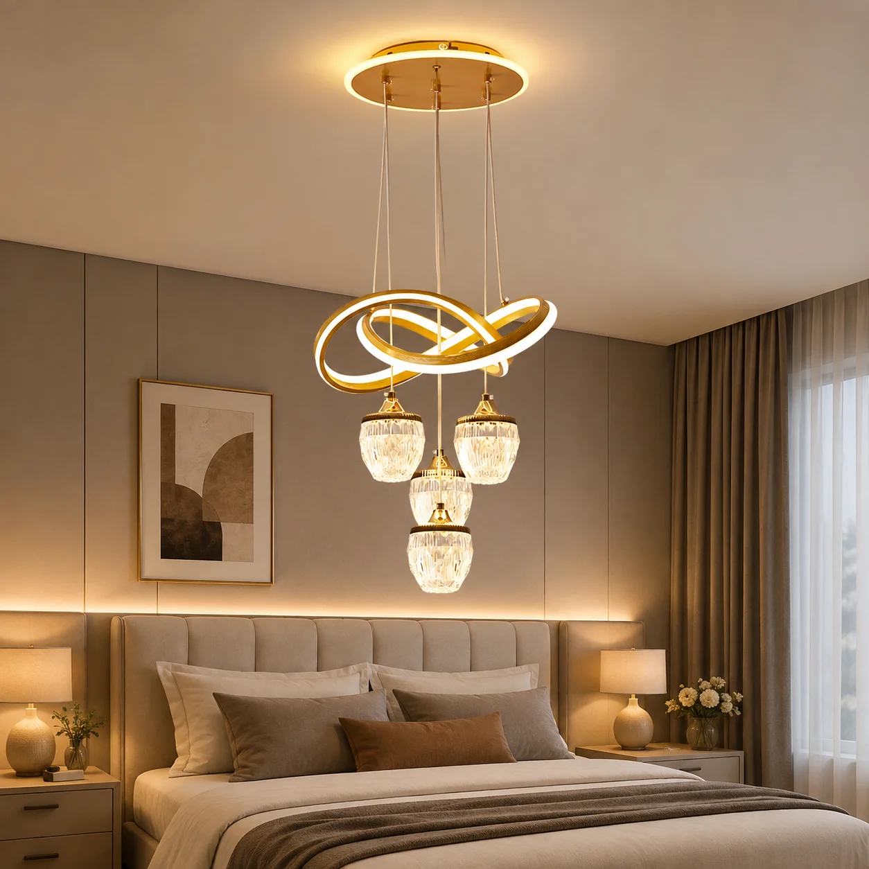 Modern Infinite Loop LED Chandelier, 4 Pineapple Shade Suspended Branch Chandelier, 3 Color Changing Modes, Adjustable Suspension Cord, Suitable for Bedroom, Living Room, and Dining Room Home Decoration Ceiling Lighting.