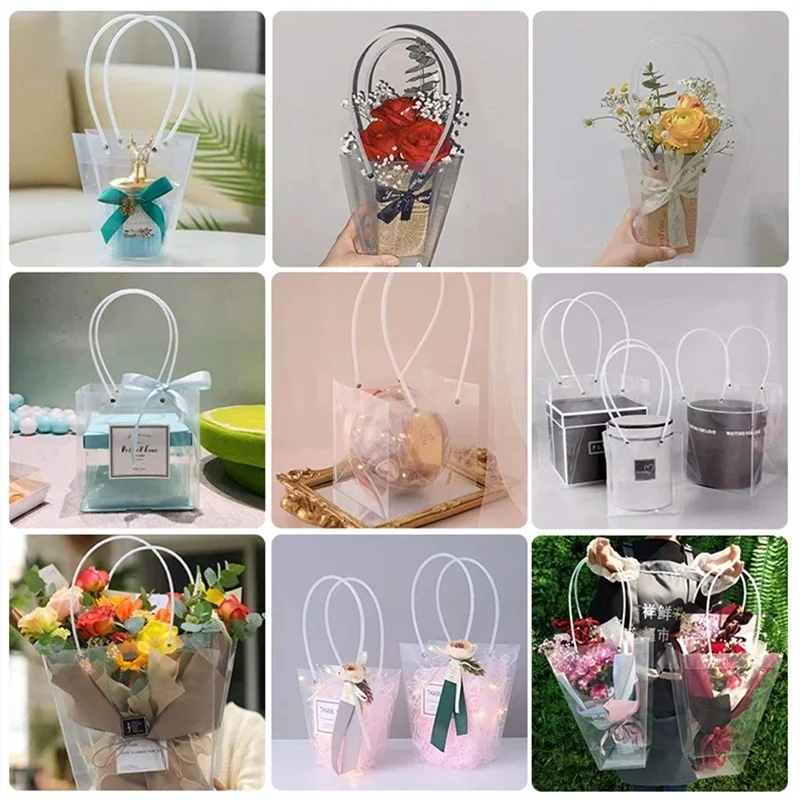 10pcs PVC Transparent Portable Flower Packaging Bag Square Trapezoid Handle Festival Gift Plastic Waterproof Storage Packing Bag