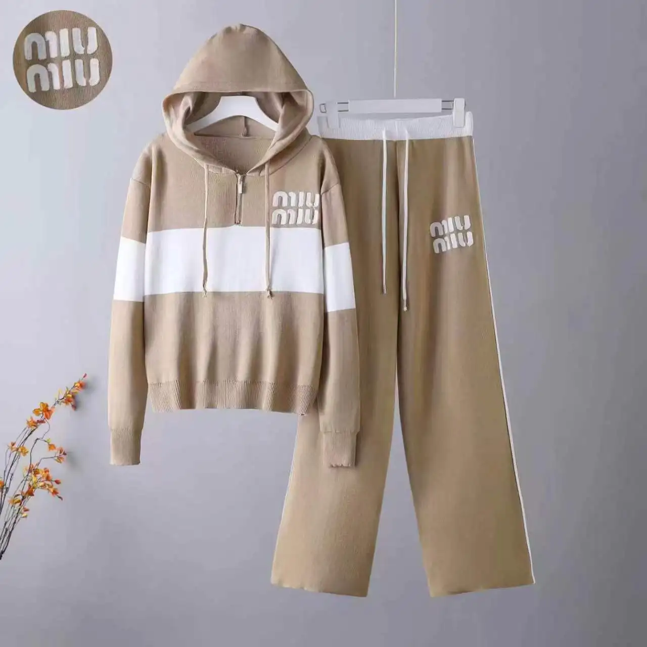 

Осенне-зимний повседневный новый женский зарубежный свитер из двух частей с капюшоном, тонкие широкие брюки, трикотажные