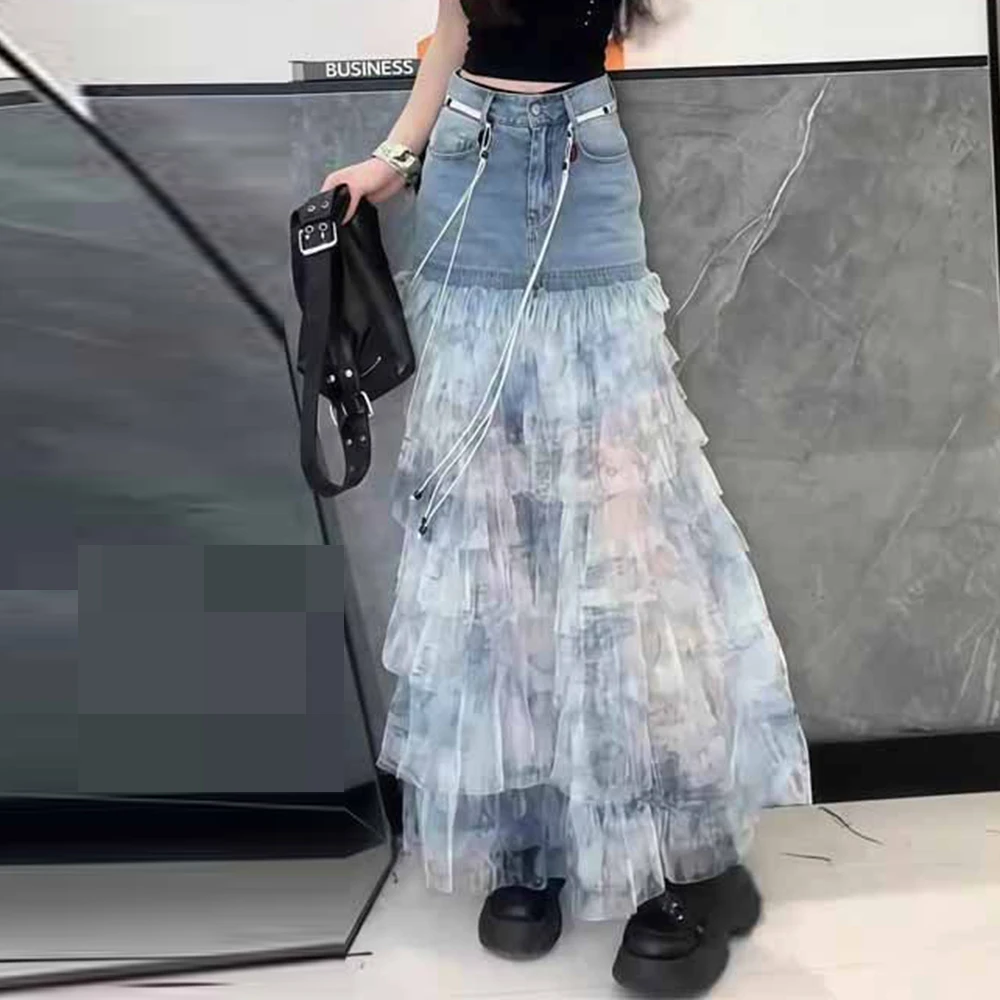 

Blue tie-dye denim splicing skirt women's summer new cake skirt versatile fashion thin a-word skirt