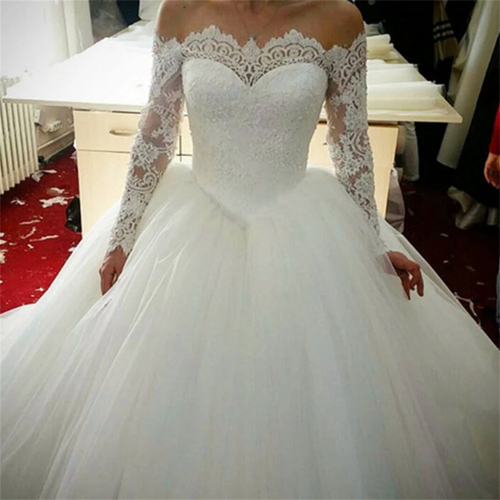 9151 Elegant Wedding Dresses 2023 Illusion Long Sleeve White Ivory Applique Lace Lady Off The Shoulder Bridal Gowns Princess