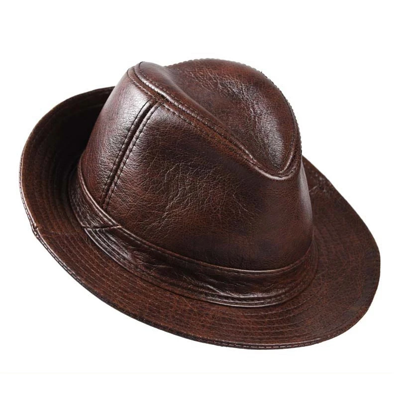 New 2024 Man High Quality Genuine Leather Cowhide Fedora Gentleman Cow Skin Short Brim Black/Brown Top Hat Male Shows