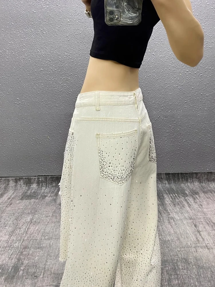 Women's 2025 Summer High Waist Denim Trousers Starry Sky Hot Diamond Hole Jeans Loose Versatile Straight Wide Leg Denim Pants