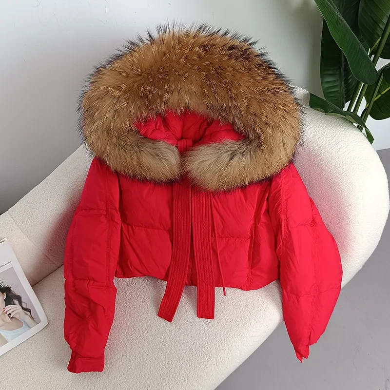 MENINA BONITA 2023 Thick Warm Duck Down Winter Jacket Women Real Fox Fur Raccoon Fur Collar Hooded Loose Streetwear Detachable