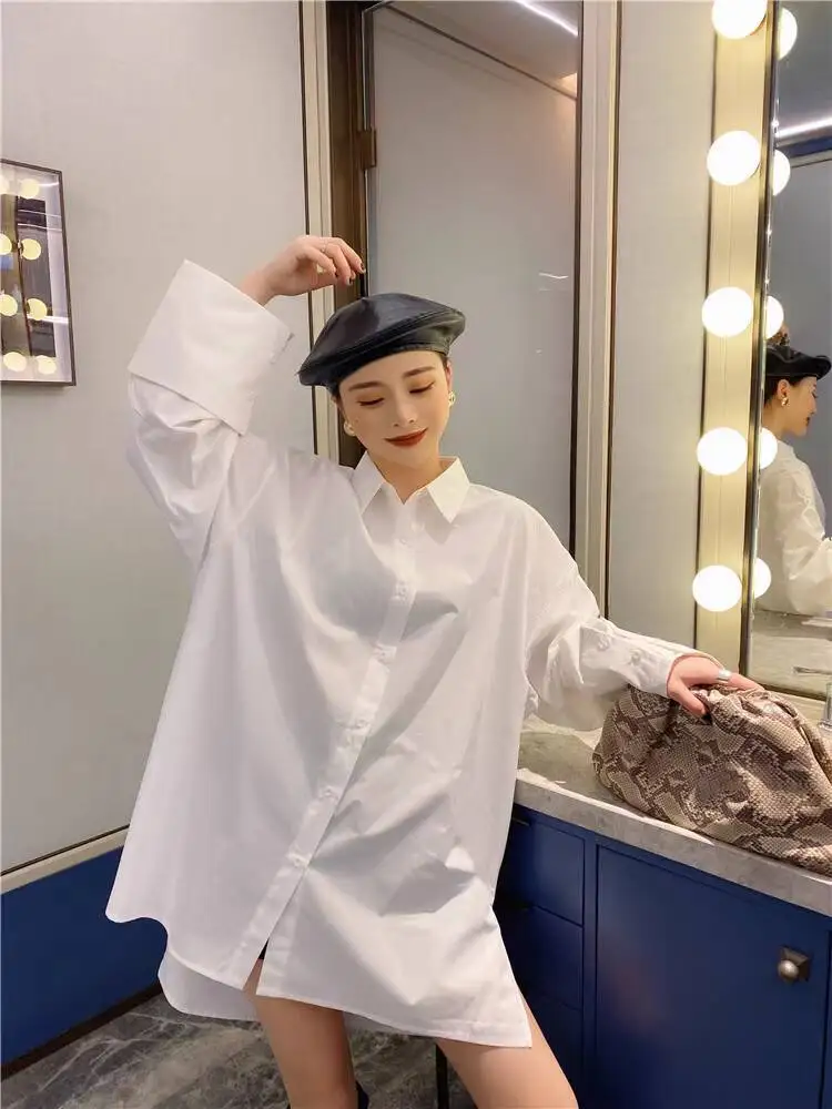 WHTREND قميص أزرق للنساء أنيق BF نمط فضفاض كبير الحجم كم طويل تصميم قمصان متوسطة الطول WH1696 #6