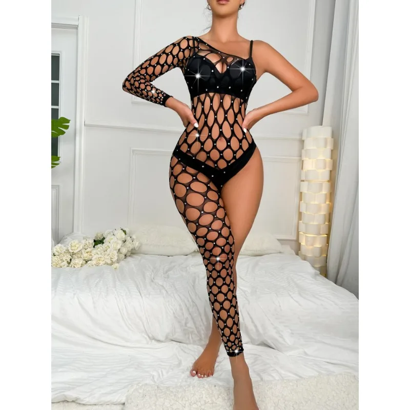 Europese en Amerikaanse dames sexy handgemaakte diamanten sprankelende lingerie enkele mouw been jumpsuit mesh jas