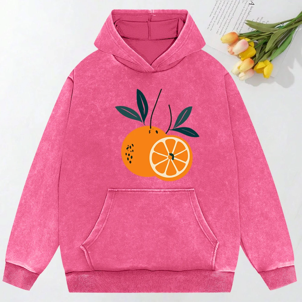 Delicious Orange Pattern  Print Women Snow Wash Hoodies Fashion Oversize Top Casual Pocket Sportswears All-Match Cotton Hoody