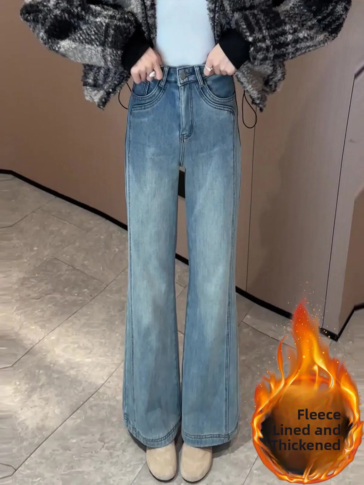 

Ретро-синие джинсы с флисовой подкладкой, расклешенные, женские, прямого кроя, с высокой талией, узкие, длинные брюки, новинка весны