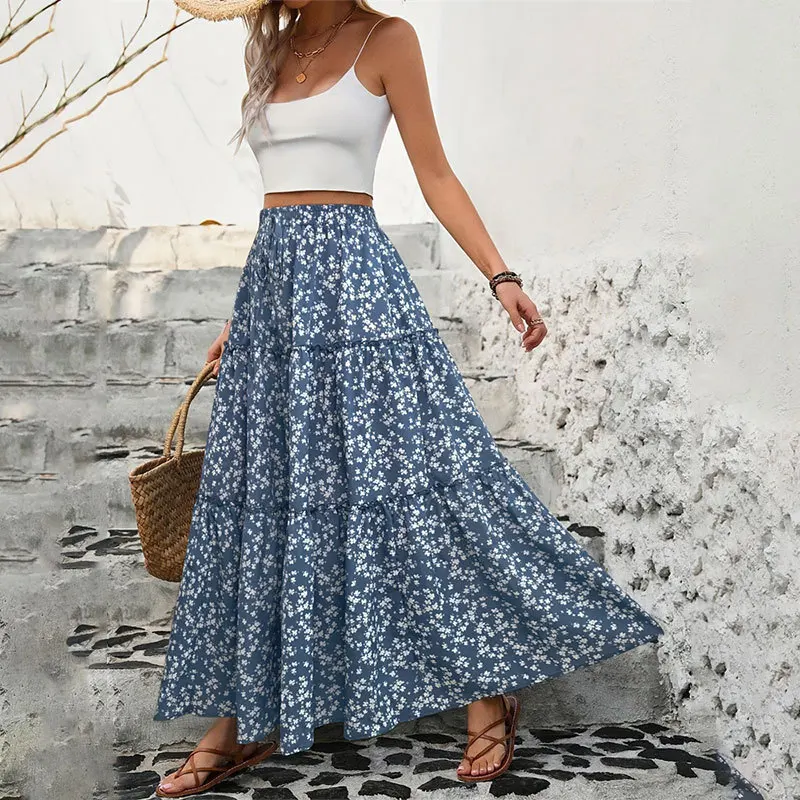 Summer Women Boho Floral Print Tiered Maxi Skirt Elastic Waist Ruffle Swing Long Skirt Beach Vacation Skirt