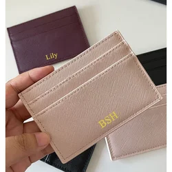 Tarjetero de cuero PU con letras personalizadas para hombre y mujer, cartera delgada con iniciales personalizadas, funda con monograma para tarjetas de nombre, regalo artesanal