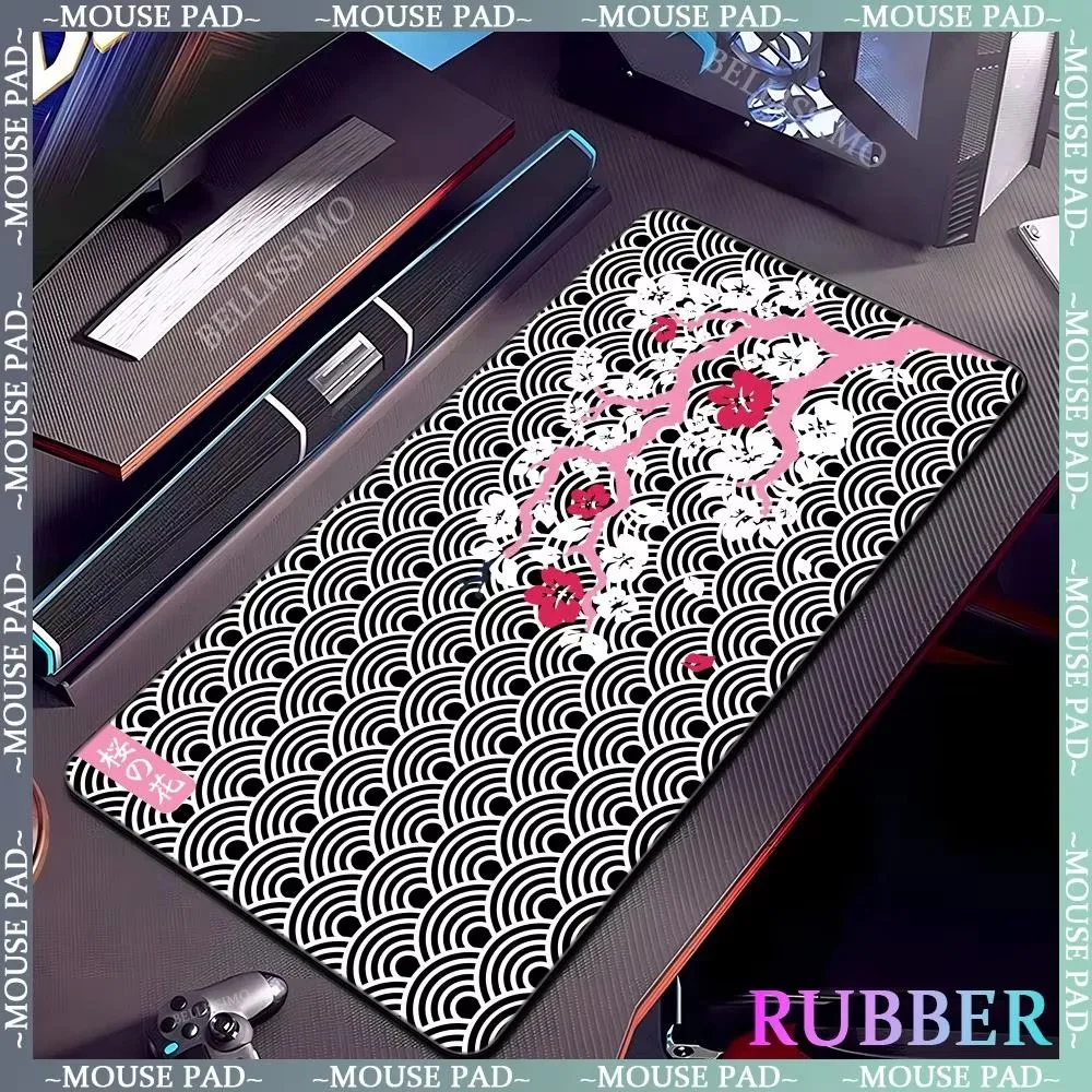 

Pink cherry blossom oversized rubber mousepad game keyboard pad black and white thickened table mat 120X60CM lock edge mouse pad