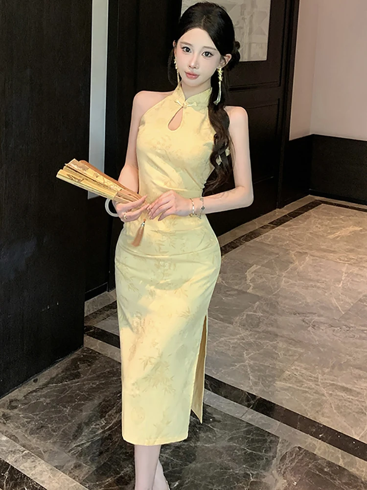 2026 Fashion Jacquard Hollow Out Neck-mounted Dress Women Elegant Bodycon Home Dress Summer Korean Luxury Festival Evening Dress