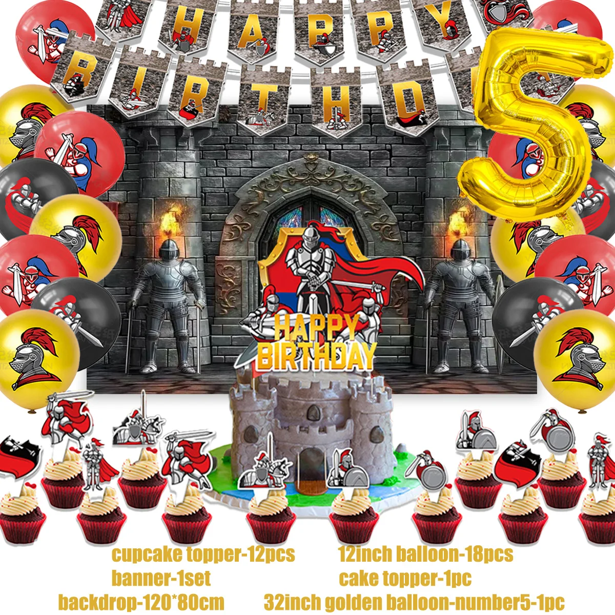 Medieval Armored Knight Theme Birthday Party Decoration Middle Ages Castle Backdrop Banner Balloon Cake Topper Banner Kids Boys