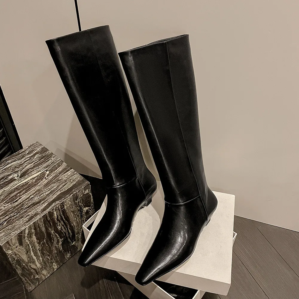 Aucegi New Trend Women Knee High Boots Genuine Leather Thick Heels Autumn Winter Pointed Toe Slip On Party Dress Office Shoes view 5