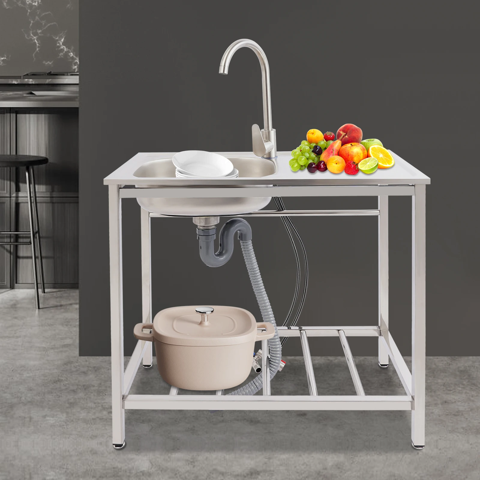 

Kitchen Sink, Freestanding Stainless Steel Sink with Faucet, Utility Sink for Garage Garden w/ Storage Shelf Hot/Cold Water Line