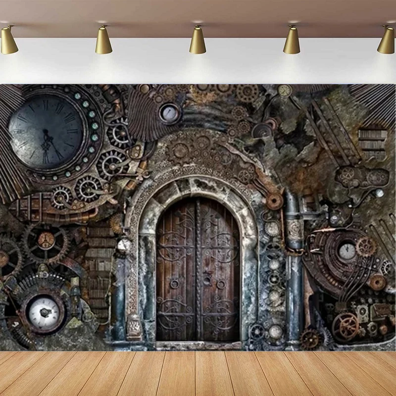 Photography Backdrop Retro Steampunk Metallic Mechanical Bronze Clockwork Gears Door Background Nostalgia Style Party Decor