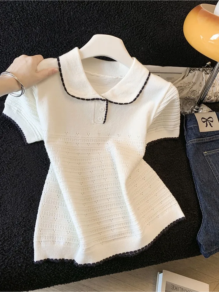 

Retro Hollow Doll Collar Short Sleeve Knitted Sweater Women's Summer New Gentle Simple Style Korean Version Slim Fit Top