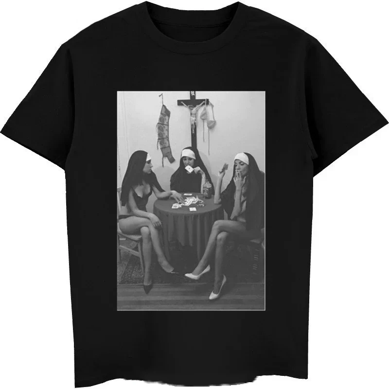 

Sexy Nun Graphic T Shirts Man Tees Fashion Trend Tshirt Casual Street Nude Print Women Oversized Exciting Men Clothing 42917