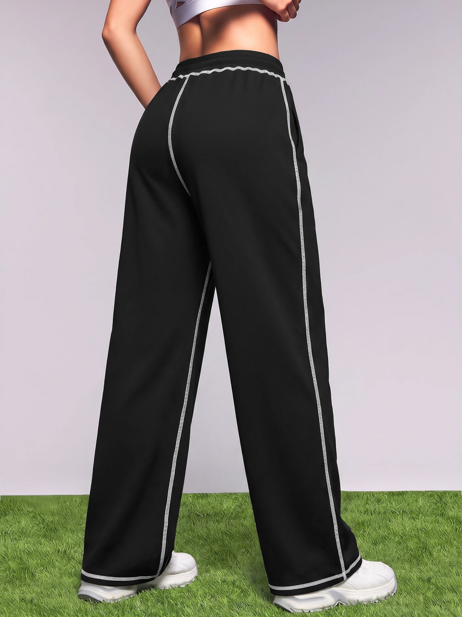 Trendy Women Contrast Stitch Detail Wide Leg Joggers Elastic Drawstring Waist Side Pockets Street Style Sports Pants