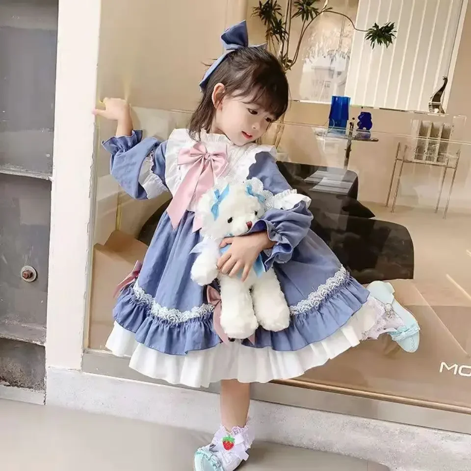 Robe Lolita à volants avec nœud bleu mignon pour filles, tenue Kawaii pour enfants, robe de princesse d'anniversaire, bébé doux, printemps, automne, 2-7 ans, 2023