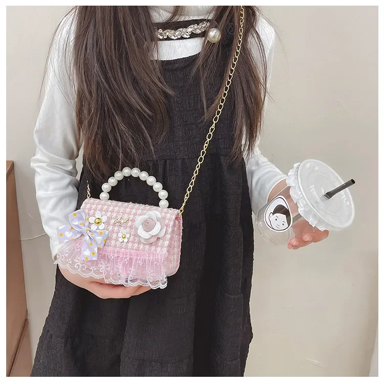 Lovely Flower Plaid Baby Girls Handbag Fashion Lace Tassel Kids Princess Shoulder Bag Chain Crossbody Bags Children's Coin Purse